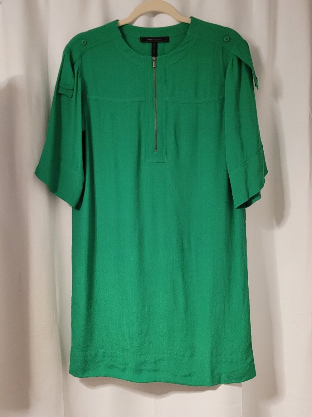 BCBGMAXAZRIA Green Frank Half Zip Epaulet Shift Mini Dress
